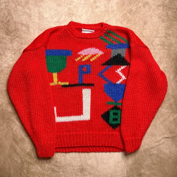 Vintage 90s midnight Blues Hand Knit Abstract Color Block Sweater Multicolor Red - Picture 1 of 6